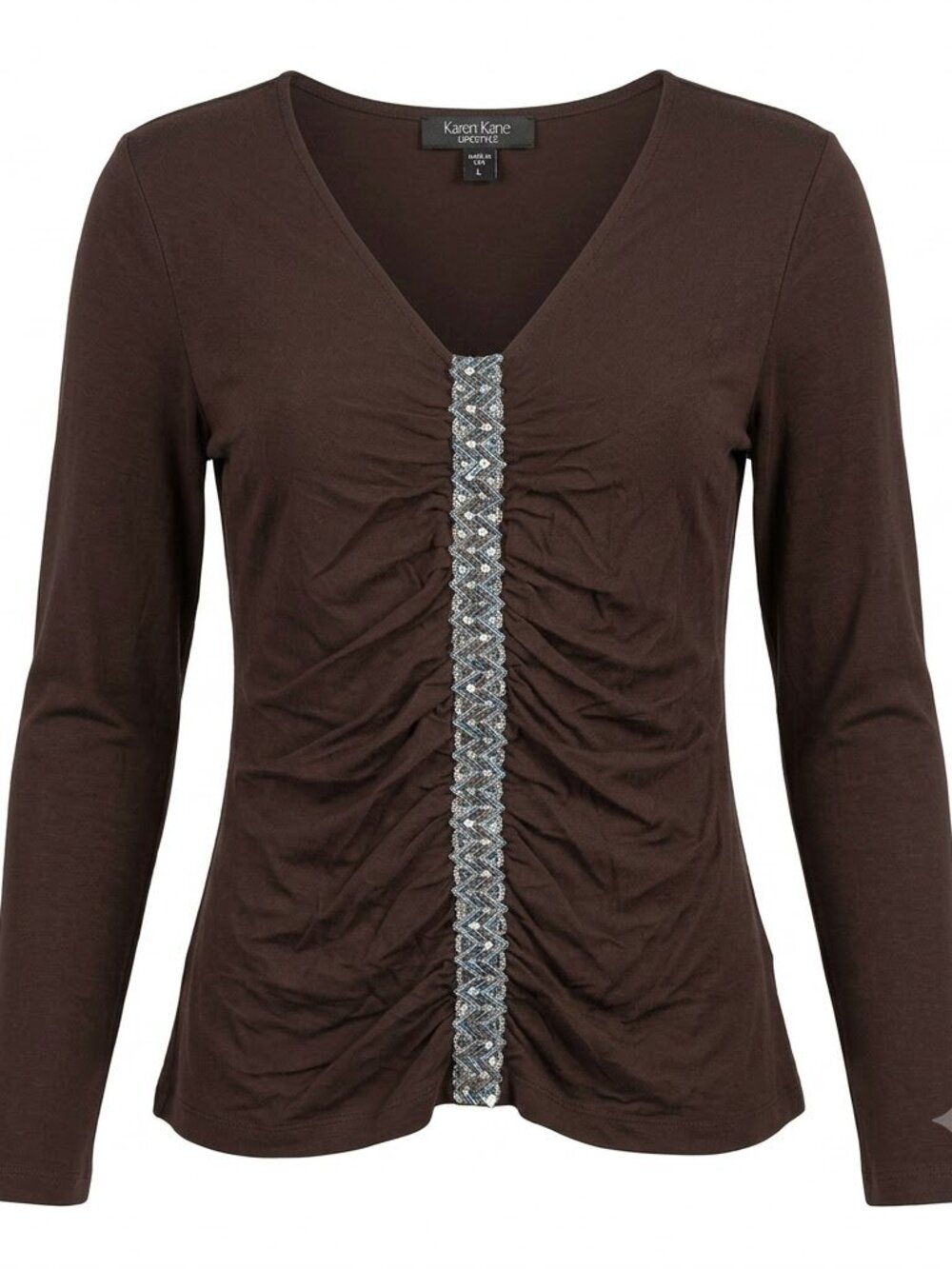 Karen Kane Lifestyle Brown Ruched V Neck Stretch Top Long Sleeve Y2K Large